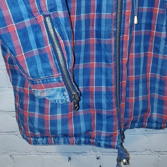 Vintage 90's Denim and Plaid Zip Up Midweight Reversible Coat w Zipper Sleeves - Picture 13 of 16